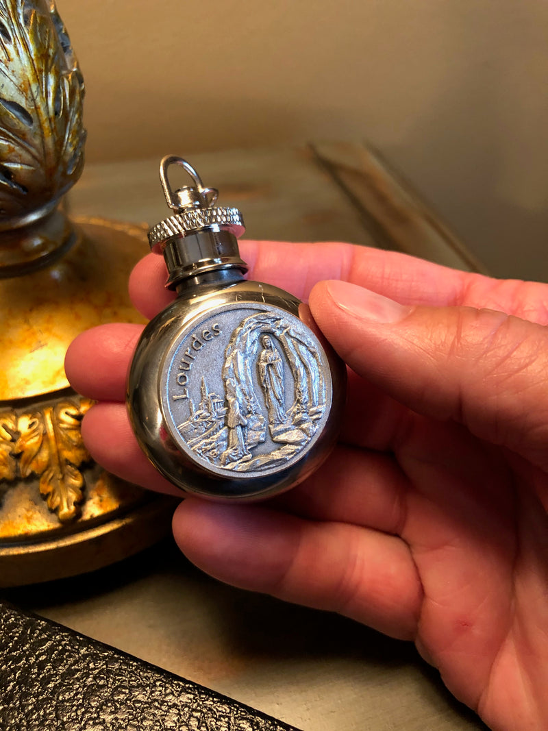 Round Holy Water Flask - Our Lady of Lourdes